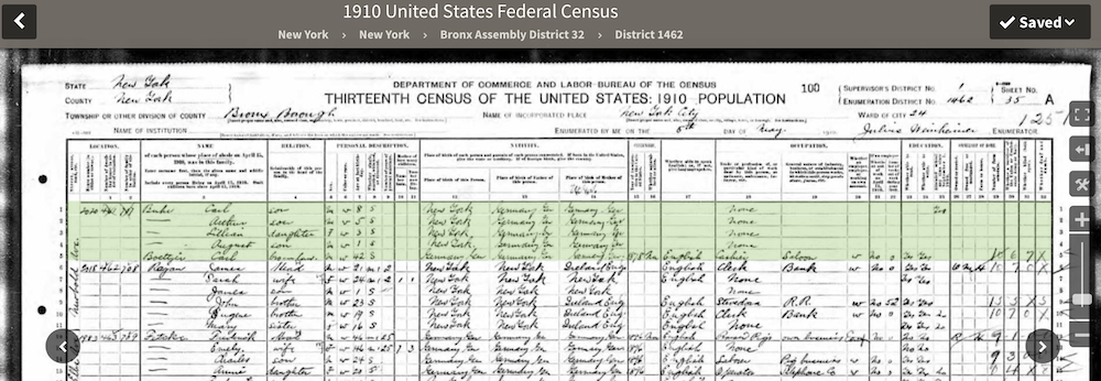 1910 Census record for the family of Victor and Carolina (Bottjer) Buhr (pg 2)